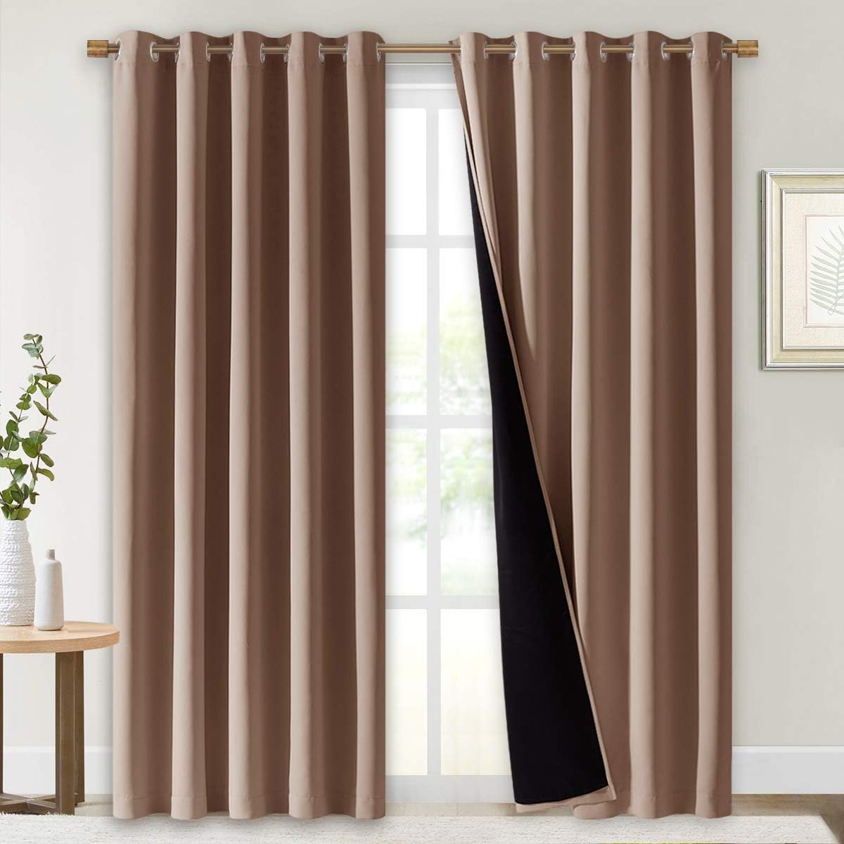 NICETOWN Warm Curtains for Winter, 100% Blackout Curtains Thermal, Noise Reduction and Privacy Curtains for Patio Door, Black Lined Blackout Drapes with Grommets, Cappuccino, 1 Pair, W70 x L84