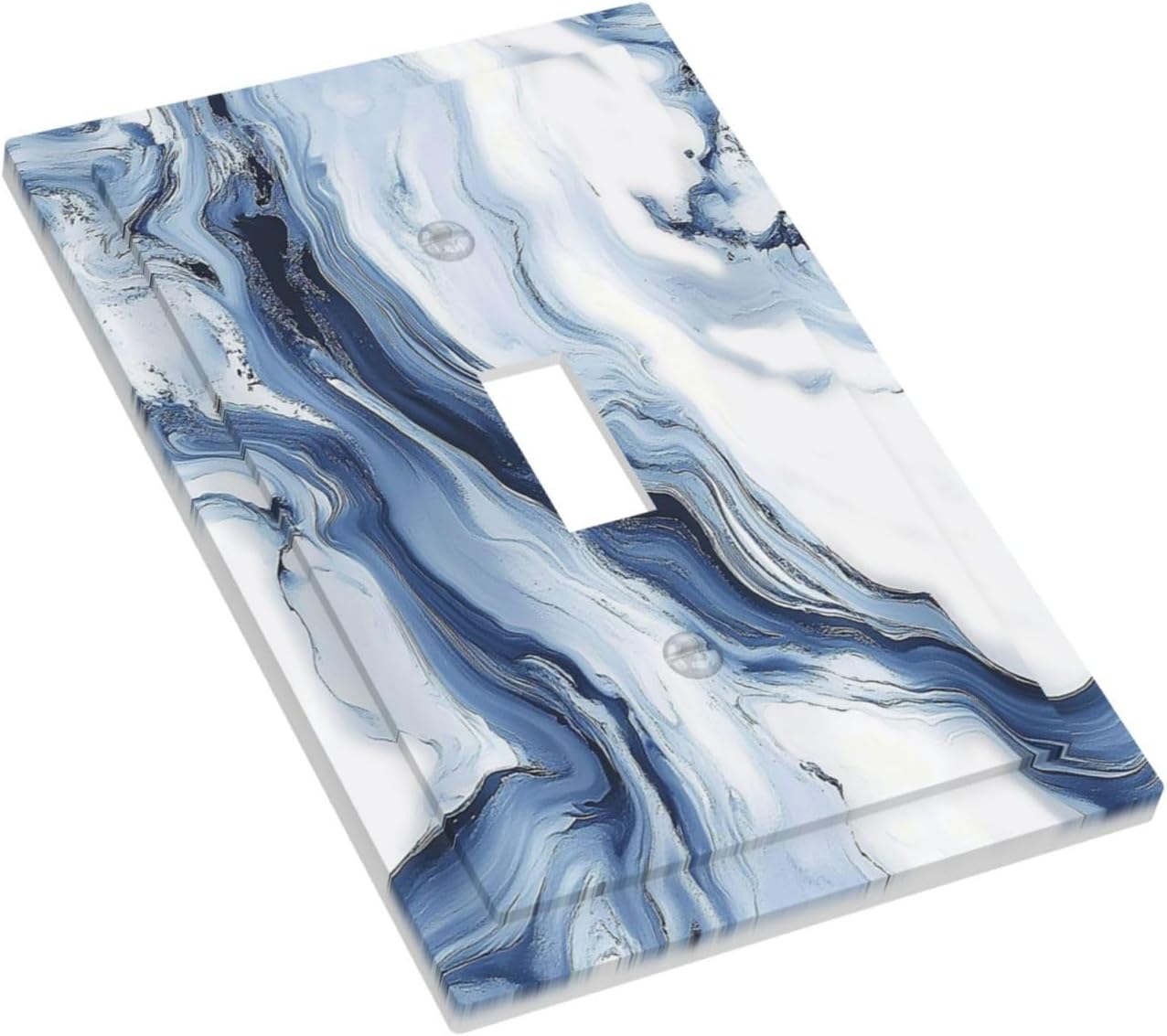 Decorative Light Switch Cover White Marble Navy Blue Line Fluid 1 Gang Single Toggle Device Electrical Faceplate Switchplates Decorator Outlet Wall Plate For Bathroom Kitchen Decor