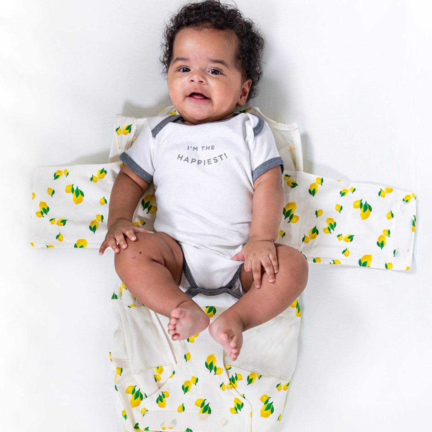 Happiest Baby Sleepea 5-Second Swaddle - 100% Organic Cotton Baby Swaddle Blanket - Doctor Designed Promotes Healthy Hip Development (Ivory Lemons, X-Large)