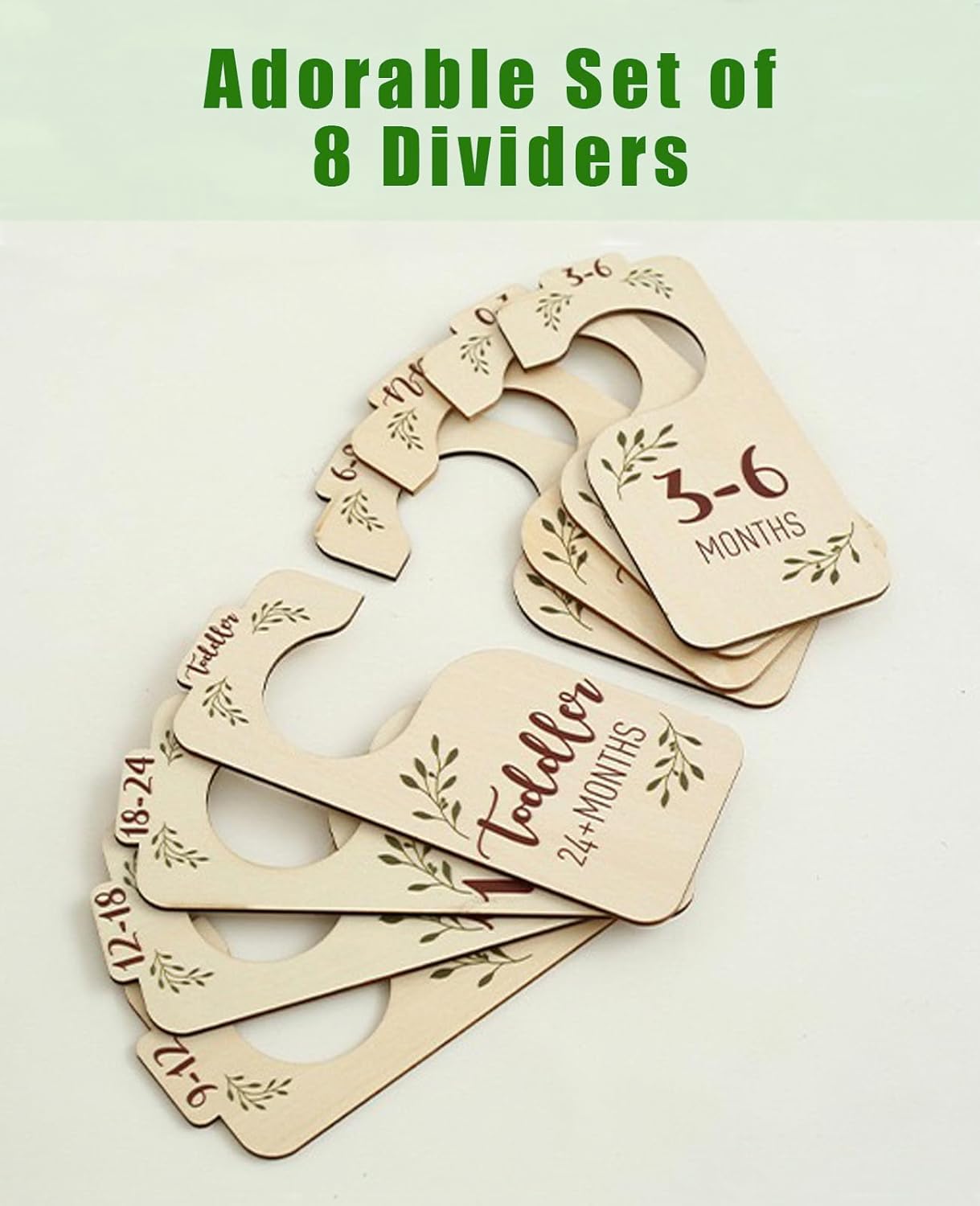 Closet Dividers for Baby Clothes, Wooden Double-Sided Hangers With Size Dividers, Organizer From Newborn to Toddler for Nursery Decor (Leaf)