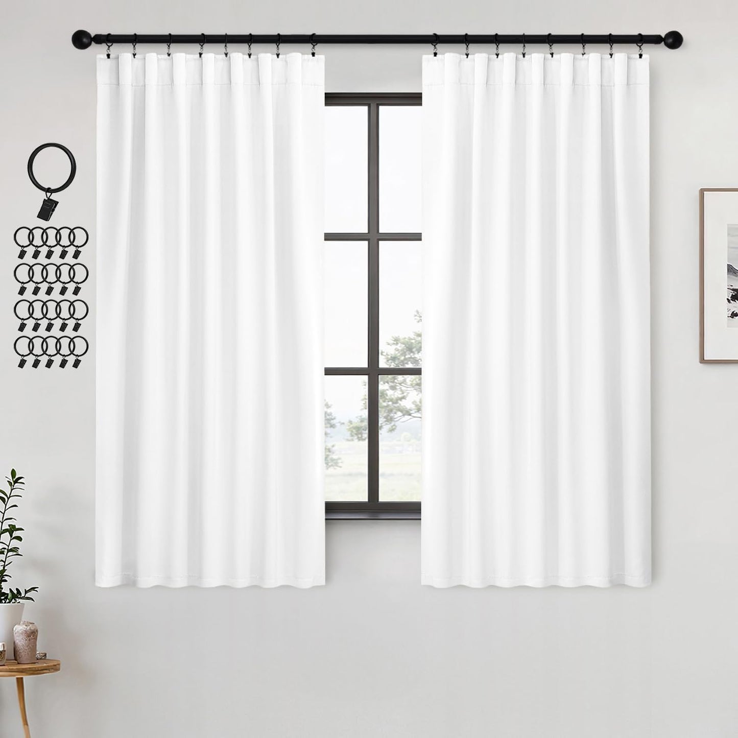 ANRODUO Back Tab Blackout Curtains for Bedroom Living Room, Rod Pocket Pinch Pleated Thermal Insulated Room Darkening Curtains 63 Inches Long 2 Panels, White, 42 x 63 Inch