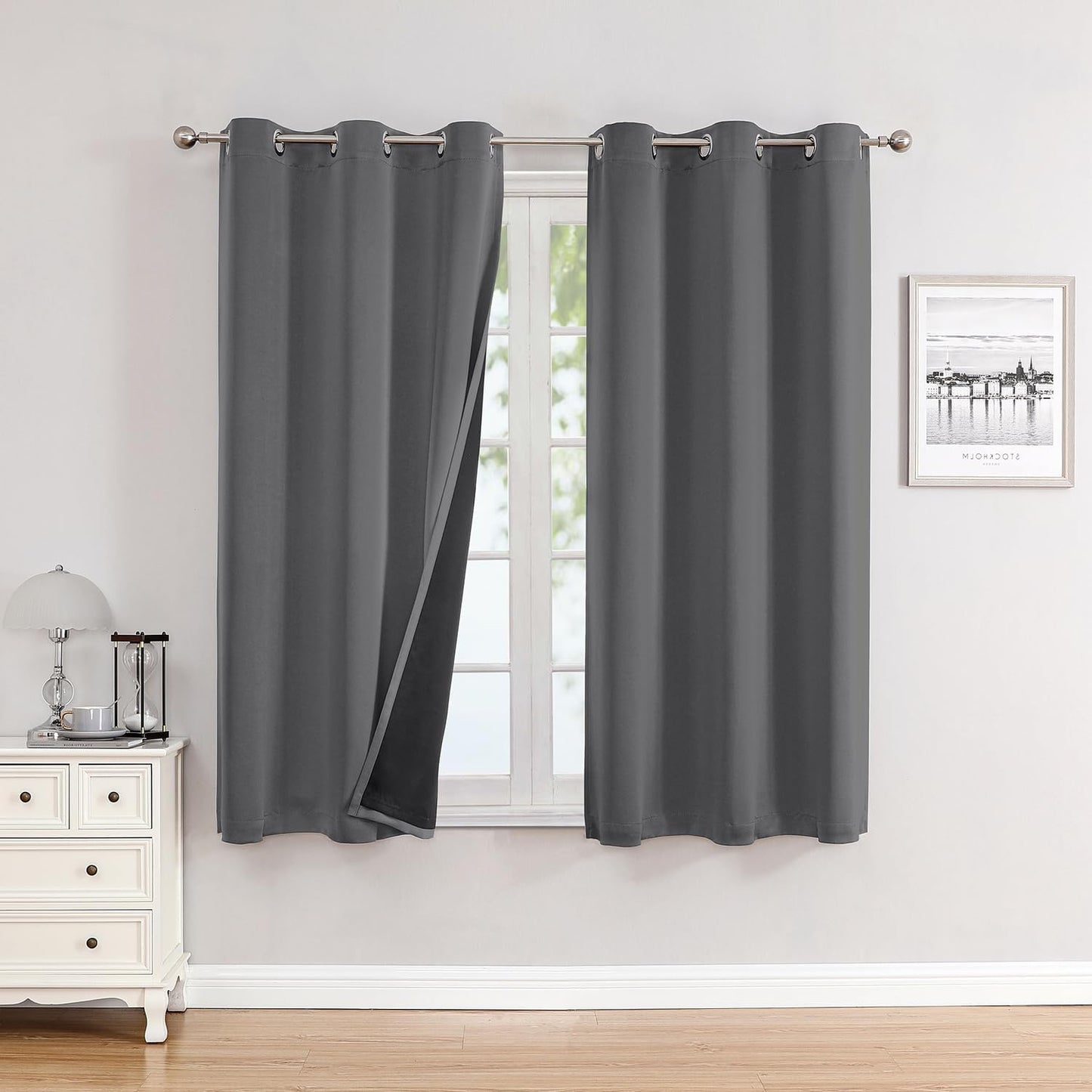 ChrisDowa 100% Blackout Curtains for Bedroom with Black Liner, 2 Thick Layers Total Blackout Thermal Insulated Grommet Small Window Curtains 2 Panels Set (Grey, 42 x 54 Inch)