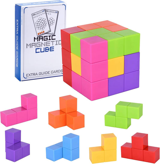 WorWoder Kids Magnetic Building Blocks Magic Magnetic 3D Puzzle Cubes, Set of 7 Multi Shapes Magnetic Blocks with 54 Guide Cards, Intelligence Developing and Stress Relief Fidget Toys for Kids(Pink)