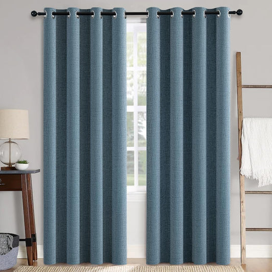 MIULEE Linen Texture Curtains for Bedroom Solid 100% Blackout Thermal Insulated Dusty Blue Curtains Grommet Room Darkening Drapes Luxury Decor for Living Room Nursery 52x96 Inch (2 Panels)