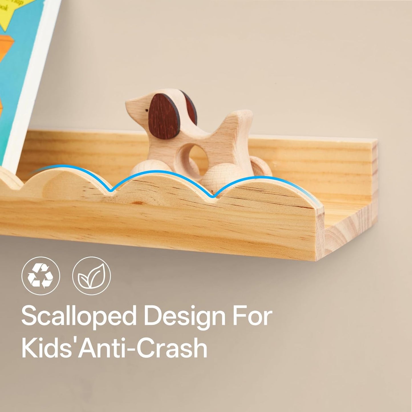 Scalloped Baby Book Shelf,Floating Shelves for Wall Set of 4 Natural Solid Pine Wood Nursery Bookshelves with Wave Lip for Bedroom Kids, Toddler Room, Baby Room, Nursery Decor(Natural,40cm)