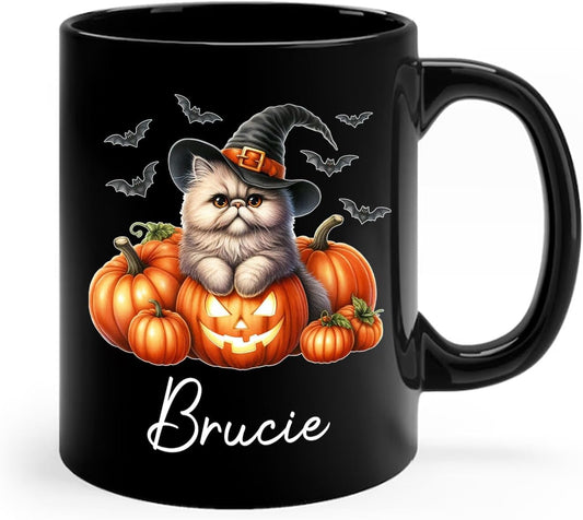 Personalized Persian Wearing Witch Hat Black Cup with Name, Customized Halloween Persian Coffee Mugs, Spooky Cat and Pumpkins Ceramic Cup 11oz 15oz, Halloween Mug Gift for Cat Lover Pet Owner