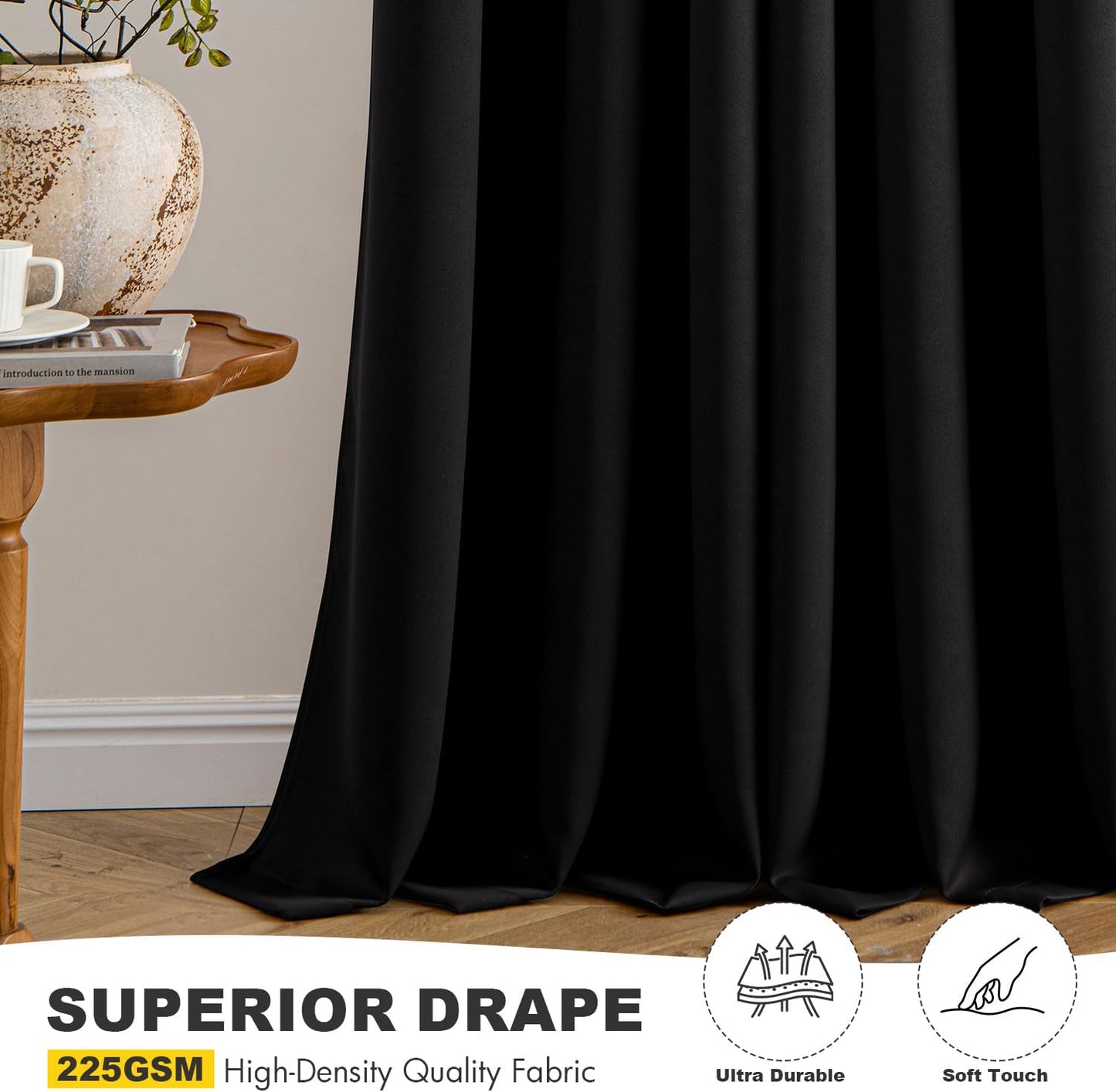 MIULEE Black Blackout Curtains for Bedroom Living Room 72 Inches Long 2 Panels, Thermal Insulated Room Darkening Drapes Solid Grommet Top Noise Reduction Light Blocking Halloween Window Curtains