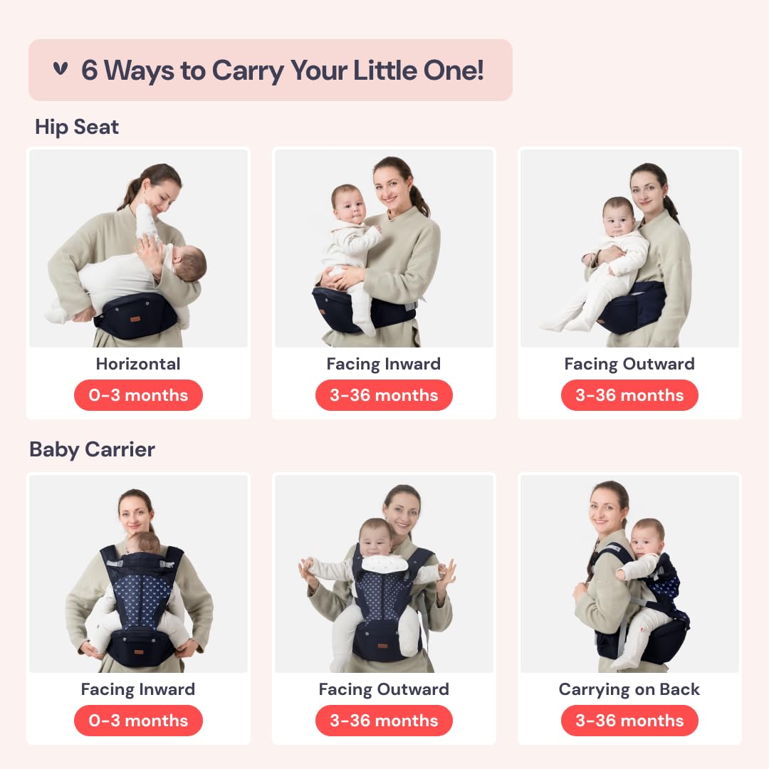 BabbleRoo Grow Carrier – Safety-Certified 6-in-1 Baby Carrier with Hip Seat, Ergonomic & Adjustable Toddler Carrier 7-50 lbs with Hip Support, Hood for Sun Protection, Newborn to Toddler, Navy Hearts