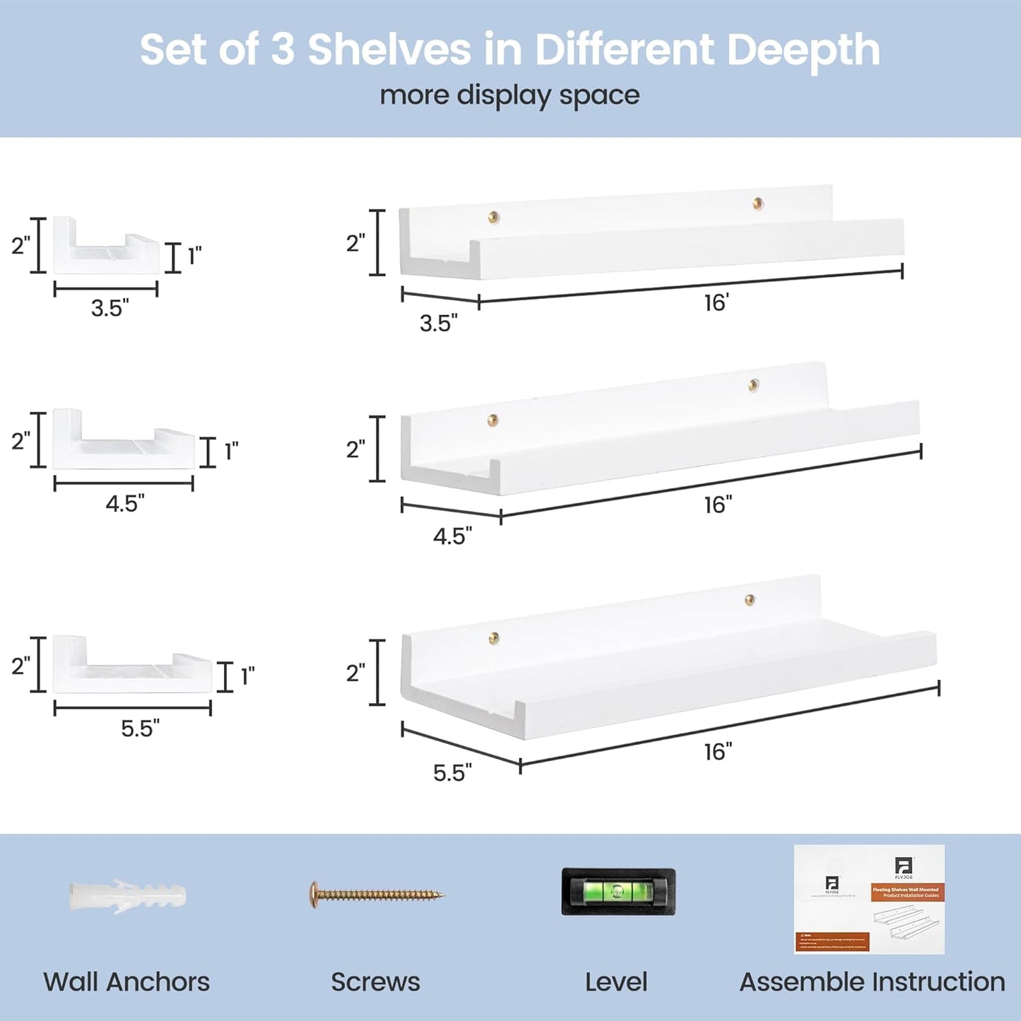 Picture Ledge Shelf for Wall, 16 inches Solid Pine Wood Nursery Book Shelves 3 Packs, Floating Ledge Shelves for Kids' Room Bedroom Bathroom Living Room Photo Frames Office Nursey Wall Decor, White