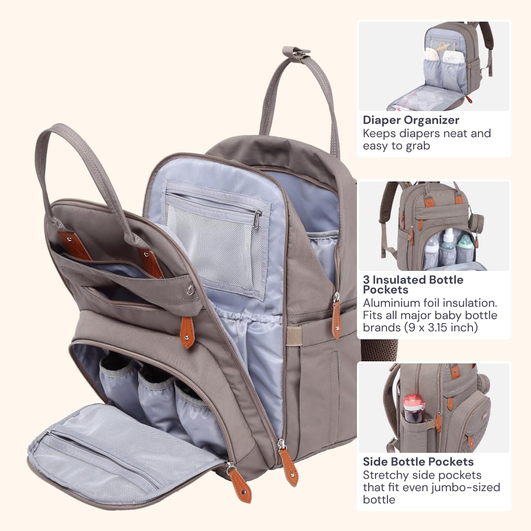 BabbleRoo Diaper Bag Backpack - Baby Essentials Travel Tote - Multi Function Waterproof Diaper Bag, Travel Essentials Baby Bag with Changing Pad, Stroller Straps & Pacifier Case - Unisex, Khaki