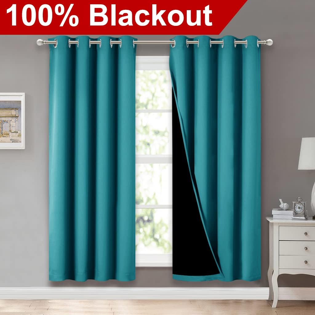 NICETOWN 100% Blackout Window Curtain Panels, Full Light Blocking Drapes with Black Liner for Nursery, 72-inch Drop Thermal Insulated Draperies (Peacock Teal, 2 Pieces, 52-inch Wide Per Panel)