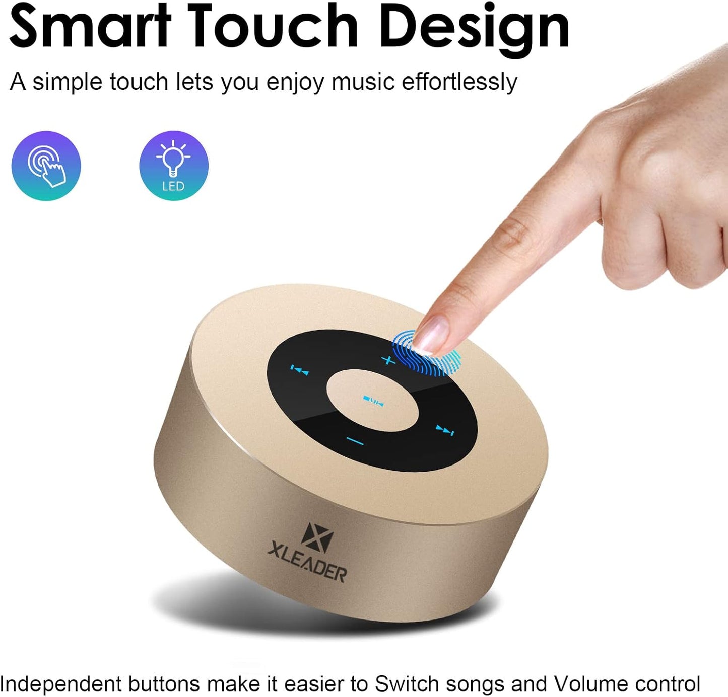 XLEADER Mini Bluetooth Speaker (Travel Case Provided) HD Sound&Rich Bass, Touch Design, 12-15H Playtime, Support Aux Input, Micro SD, Mic, Small, for iPhone Laptop Shower Office, Ideal Gifts, Gold