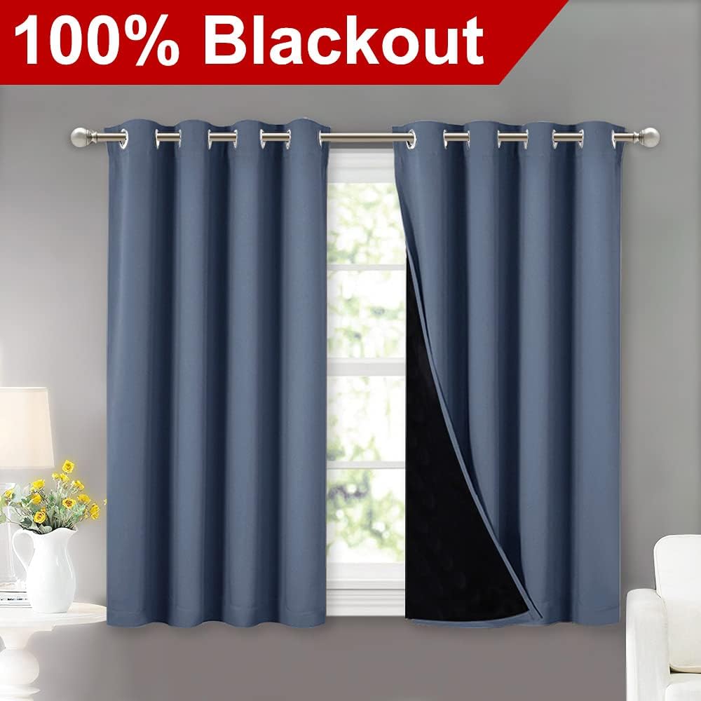NICETOWN 100% Blackout Curtains with Black Liners, Thermal Insulated Full Blackout 2-Layer Lined Drapes, Energy Efficiency Window Draperies for Boy's Room (Stone Blue, 2 Panels, 52-inch by 45-inch)