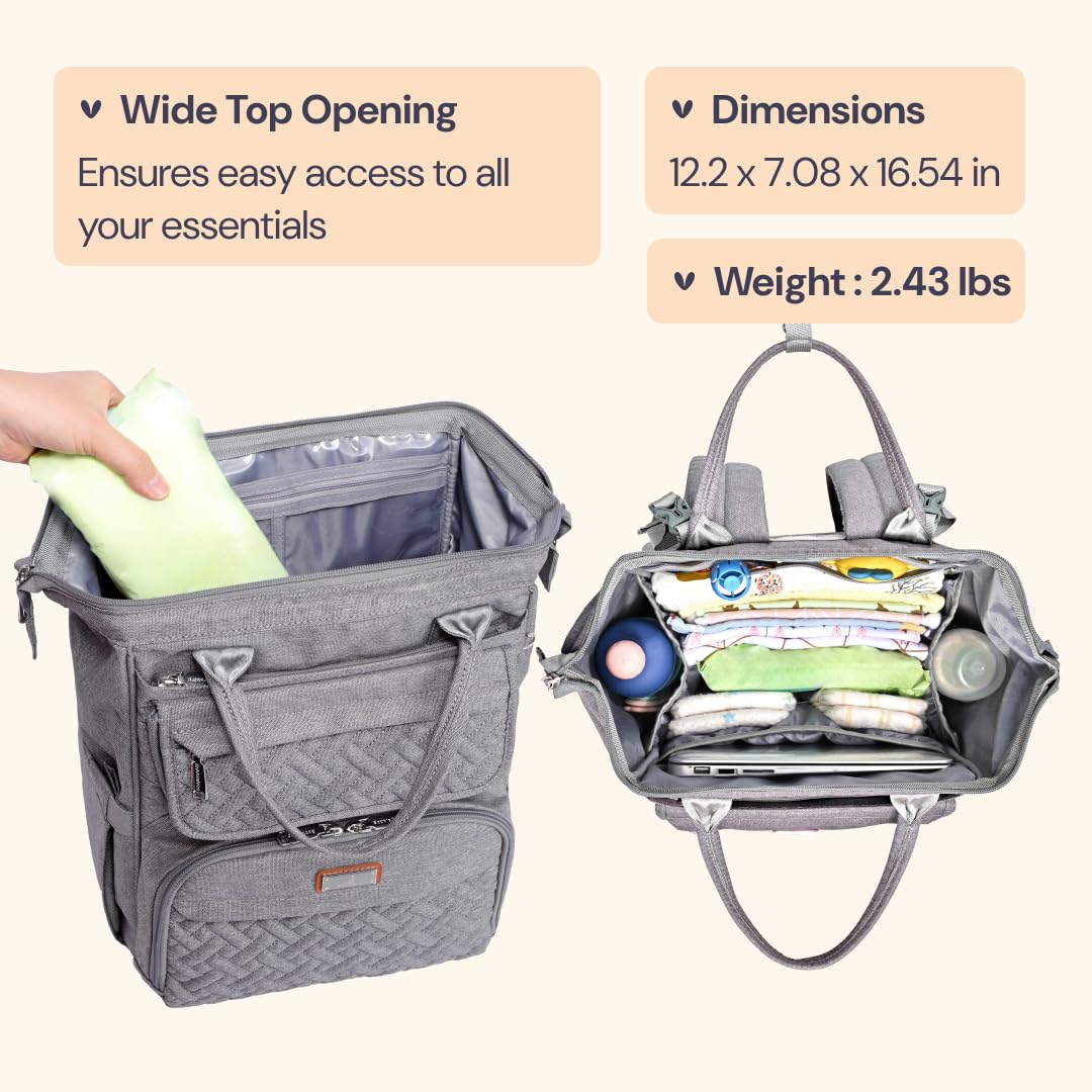 BabbleRoo Diaper Bag Backpack, Multifunction Large Bags with Changing Pad & Stroller Straps & Pacifier Case, Unisex Stylish Travel Back Pack Nappy Changing Bag for Moms Dads (gray)