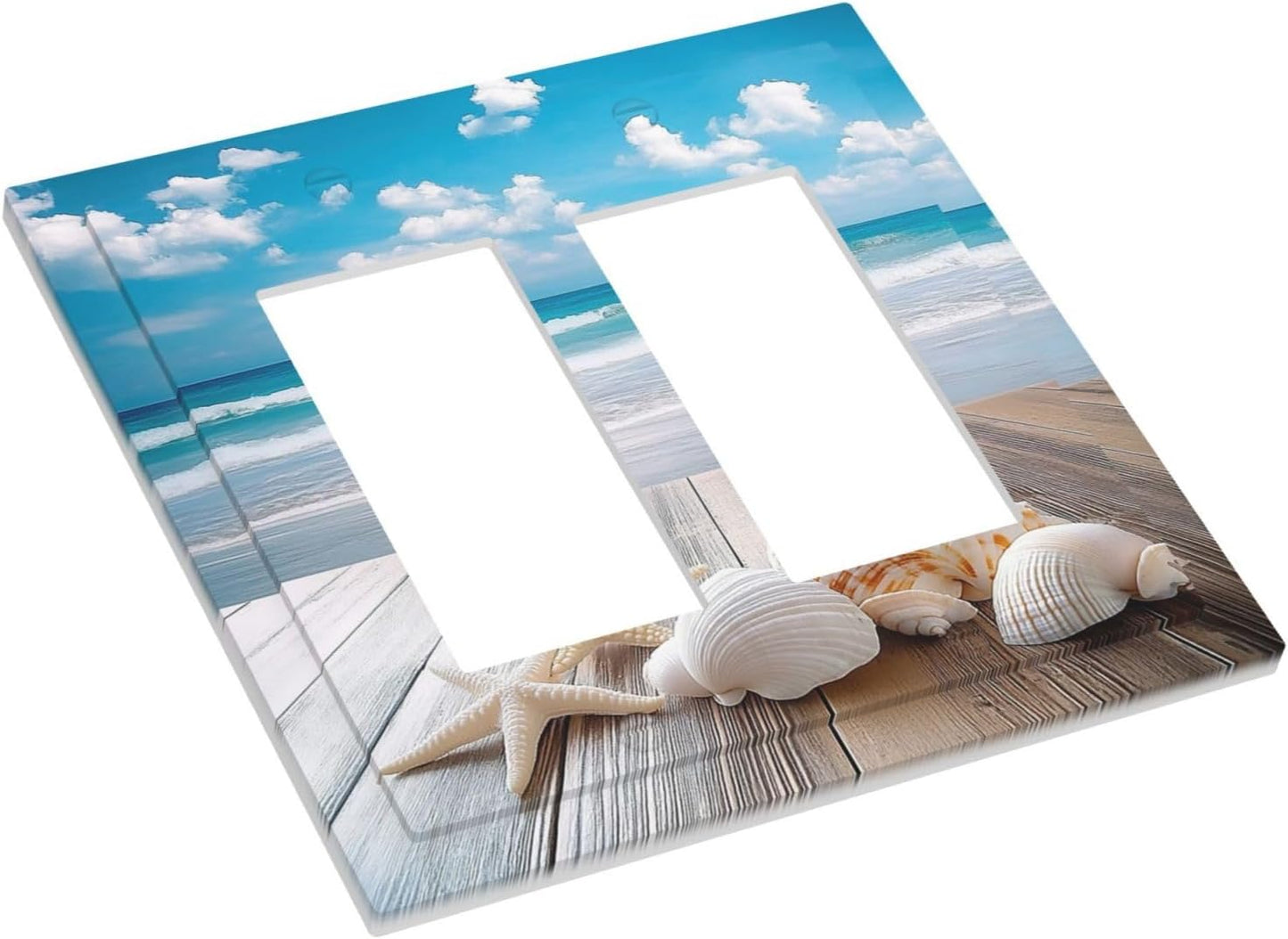 Decorative Outlet Covers Beach Waves Brown Wood Starfish Shells 2 Gang Double Gfci Rocker Electrical Wall Panels Light Switch Cover Plate For Bathroom Living Room Decor