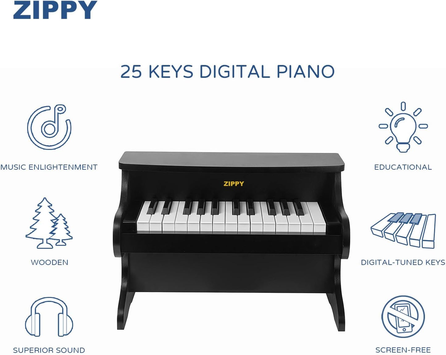 ZIPPY Kids Piano Keyboard, 25 Keys Digital Piano for Kids, Mini Music Educational Instrument Toy, Wood Toy for Toddlers Girls Boys (Black)