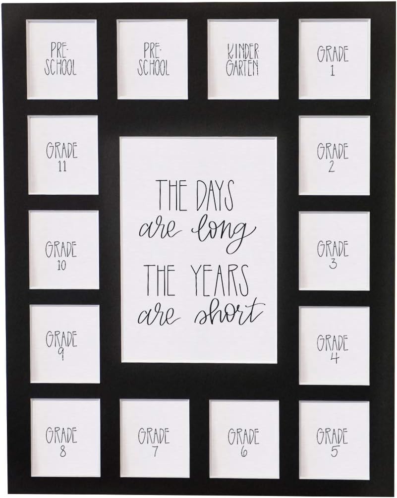Rustic Red Door Co. School Days Picture Mat with Multiple Openings, Photo Collage, The Days Are Long, No Frame, Pre-School & Kindergarten to 12th Grade (Black, 15 Openings, 2 Pre-School)
