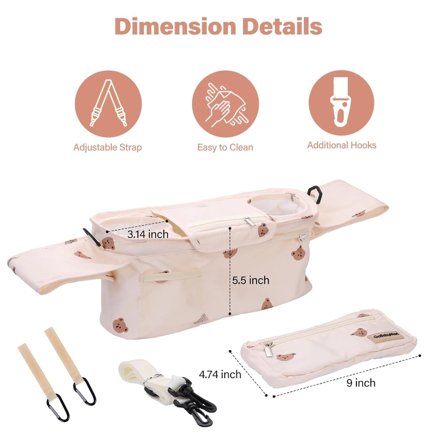 Universal Stroller Organizer with Cup Holders, Detachable Wristlet | Fits All Strollers | Stroller Diaper Bag Organizer with Phone Pocket, Insulated Bottle Holder & Storage Compartments