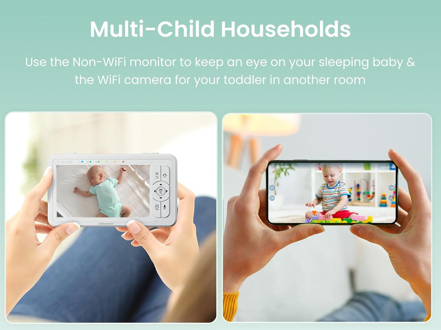 Babysense HDS2 Non-WiFi 5” HD Baby Monitor with Camera and Audio & Bonus WiFi Security Camera with App for Remote Viewing - HDS2&FullPeek