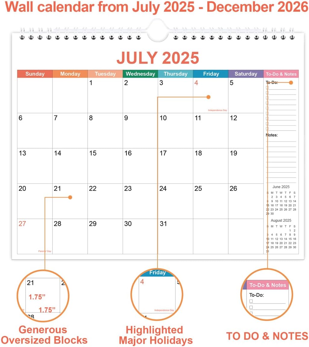 Calendar 2025-2026 - Wall Calendar from September 2025 to December 2026, 2025 Calendar with Premium Paper, Twin-Wire Binding & Hanging Hook, 11.5" x 14.5", Colorful