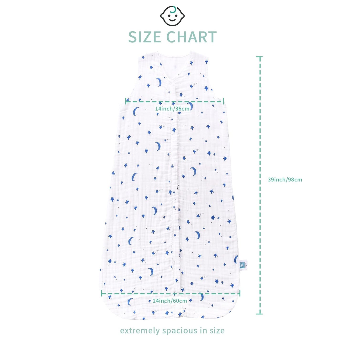 Toddler Sleep Sack for 2-4T Baby, Organic Cotton Wearable Blanket for Boys and Girls 0.5 TOG 2-Way Zipper Soft 4 Layers X-Large Star Moon