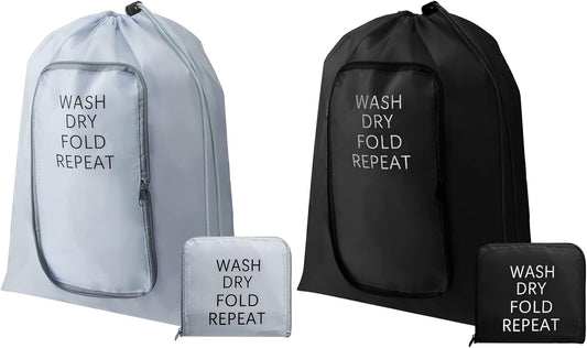 2 Pcs Travel Laundry Bag Washable Dirty Clothes Bag with Drawstring and Zipper for Suitcase, 22 x 18 Inch (Black, Gray,Classic)