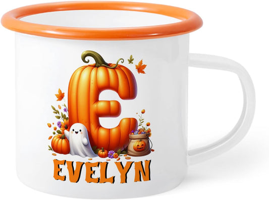 Personalized Halloween Enamel Mug with Ghost Pumpkin Initial, 12oz Custom Name on Ghost Coffee Mugs, Halloween Party Gift for Family