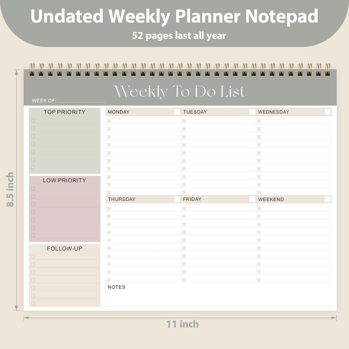Weekly To Do List Notepad, Undated Planner with 52 Sheets (8.5''x11''), Desk Weekly Planner for Women & Man, Home School & Work (A-Green)