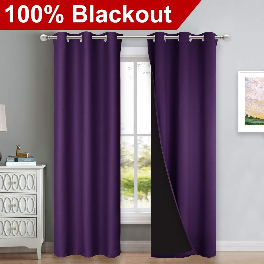 NICETOWN Room Warming Blackout Curtains 80 inches Long, Royal Purple, 2 Pieces, 42" Wide Each Panel, Full Light Blocking Drapes with Black Liner for Nursery, Thermal Insulated Drapes for Hall, Villa