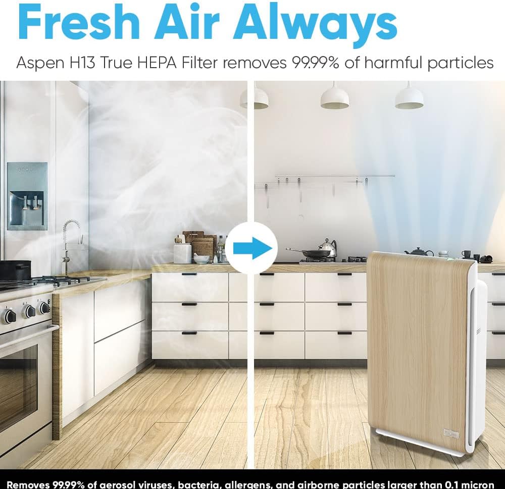Aspen One Button Air Purifiers for Home, Cleans 1500 SqFt in 50min and 362 SqFt in 12min, HEPA Air Purifier with Automatic and App Control - Filtrate 99.97% of Smoke, Pollen, and more - Gold Oak