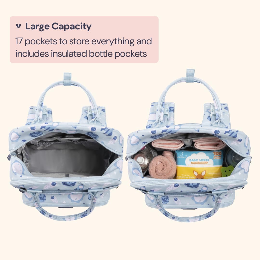 BabbleRoo Diaper Bag Backpack - Baby Essentials Travel Tote - Multi Function Water Resistant Diaper Bag, Travel Essentials Baby Bag with Changing Pad, Stroller Straps & Pacifier Case - Unisex, Cosmic