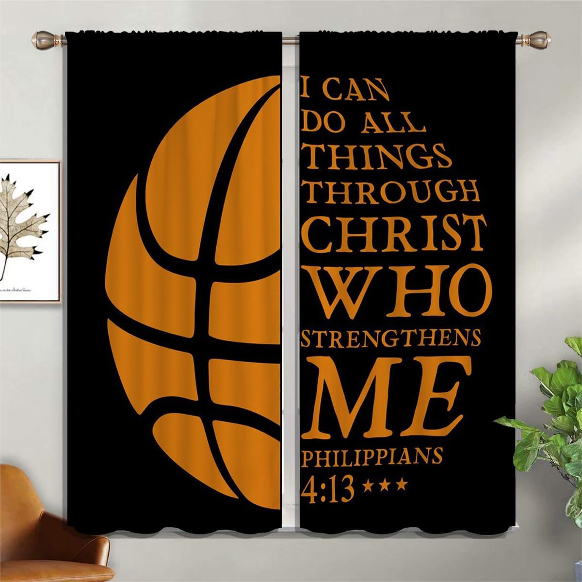 Basketball Blackout Curtains for Boy Girl Room Darkening Decor,Sport Theme and Motto Dark Background Bedroom Living Room Home Rod Pocket Thermal Insulated Window Curtain/Drapes Panel,84x63 Inch…