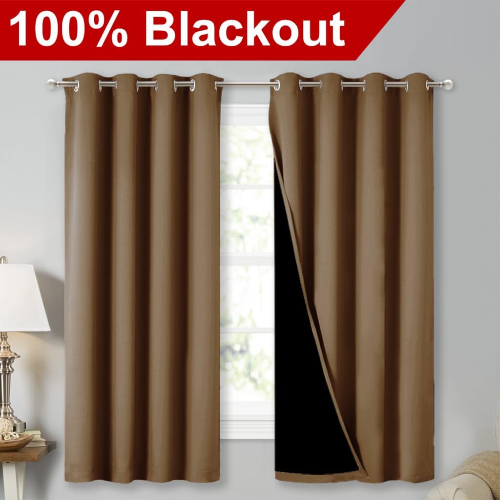 NICETOWN 100% Blackout Lined Curtains, Totally Darkness Drapes with Silver Grommet, Thermal Insulated Drapes for Master Bedroom (Gold Brown, 1 Pair, 52 inches Width x 63 inches Length Each Panel)