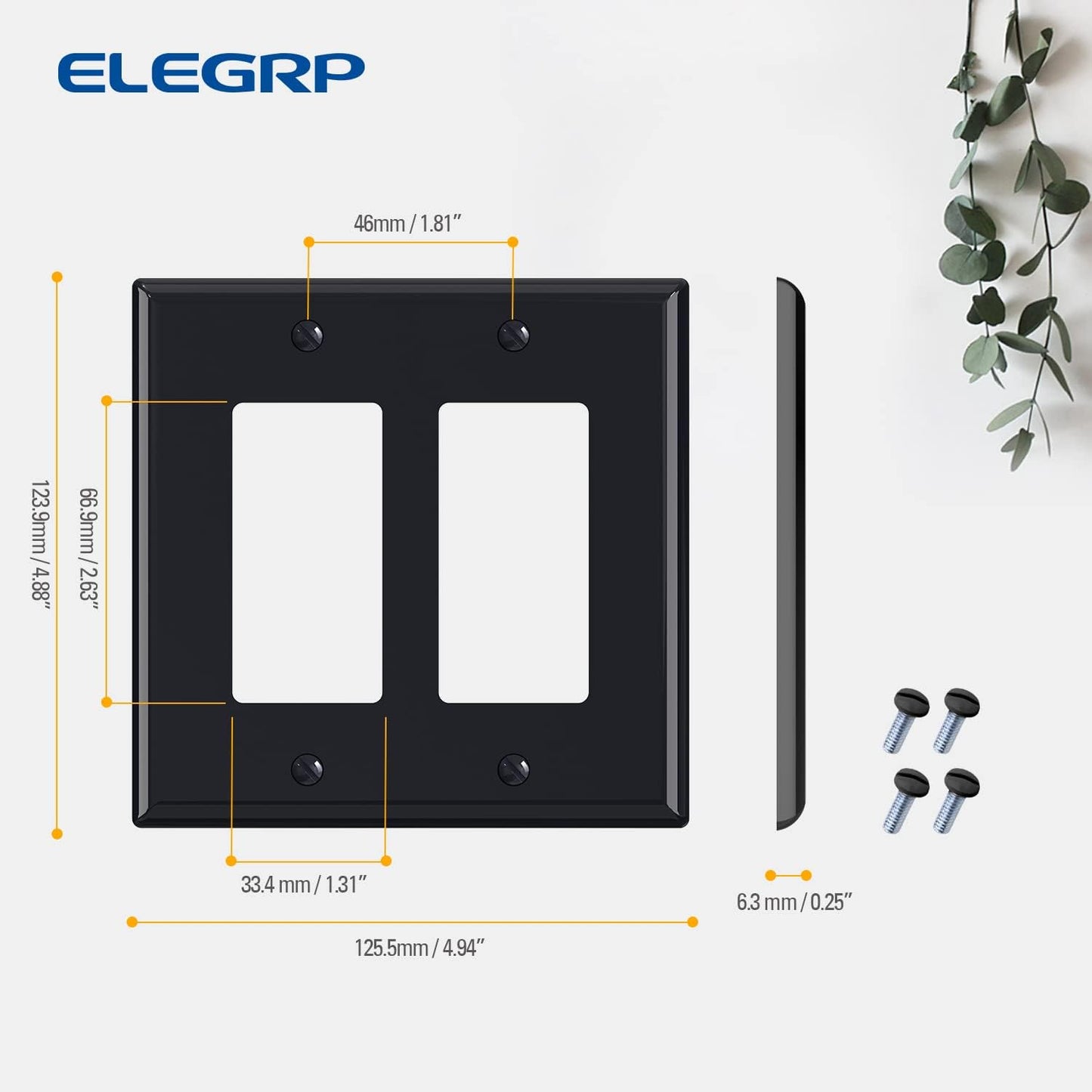 ELEGRP 2-Gang Decorative Wall Plates, Mid-Size 4.88" H x 4.94" L Unbreakable Thermoplastic Faceplate Cover for Decorator Receptacle Outlet Switch, UL Listed (1 Pack, Glossy Black)