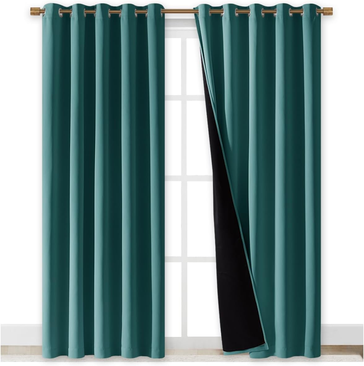 NICETOWN 100% Blackout Window Curtain Panels, Sea Teal, 2 PCs, 62" Wide Each Panel, Cold and Full Light Blocking Drapes with Black Liner for Nursery, 84 inches Drop Thermal Insulated Draperies