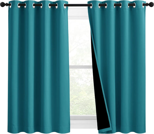 NICETOWN 100% Blackout Curtains 54 inches Long, Double-Deck Completely Blackout Window Treatment Thermal Insulated Lined Drapes for Small Window (Peacock Teal, 1 Pair, 46 inches Width Each Panel)