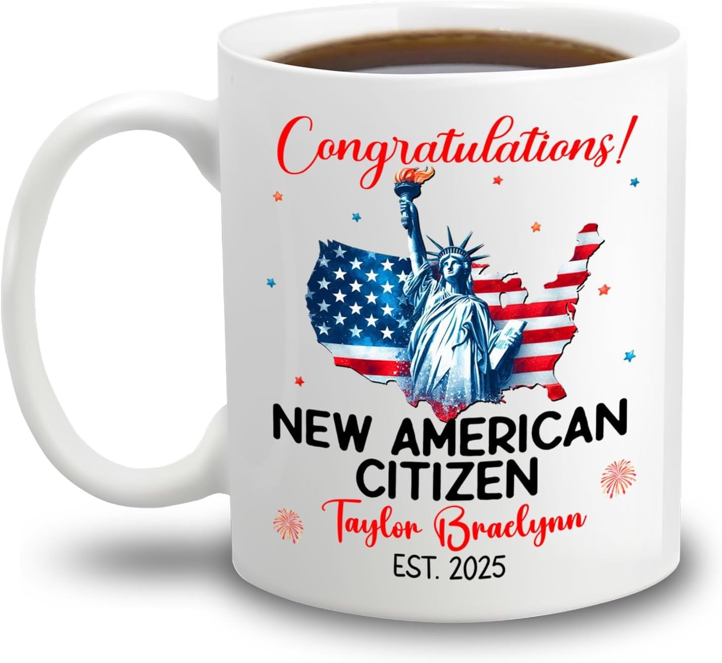 Congratulations New American Citizen Coffee Mug 11Oz 15Oz, Personalized Year & Name White Cup Gift For Sister Brother New US Citizen, Novelty American Flag Coffee Cup, Customized US Citizenship Mug