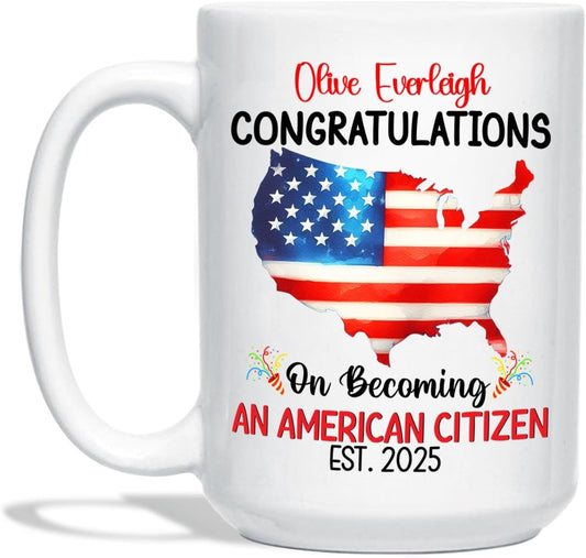 Congratulations On Becoming An American Citizen White Coffee Mug, Personalized Year & Name Eagle Tea Cup Gift For Women Men On Citizenship Celebration, Customized New US Citizen Coffee Cup 11Oz 15Oz