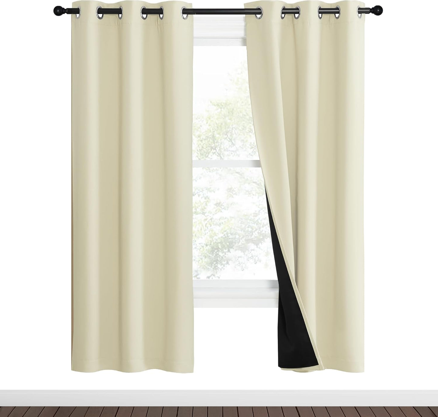 NICETOWN Living Room Completely Shaded Draperies, Privacy Protection & Noise Reducing Ring Top Drapes, Black Lined Insulated Window Treatment Curtain Panels (Beige, 2 Pieces, W37 x L70)