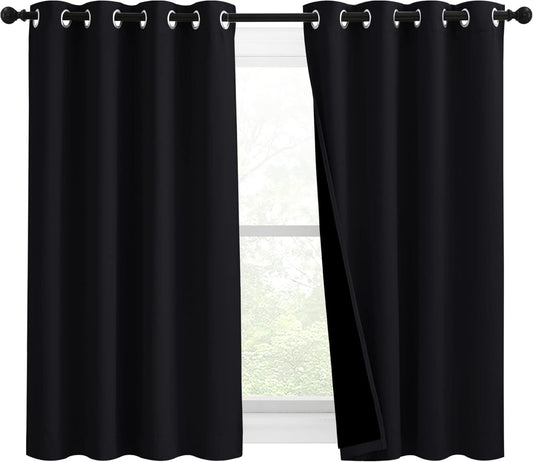 NICETOWN Extra Long Truly Blackout Drapes for Hall and Villa, 46-inch Width Each Panel, 45-inch Length, Black, 2 Pieces, 100% Blackout Window Curtain Panels with Black Lined for Night Shift Worker
