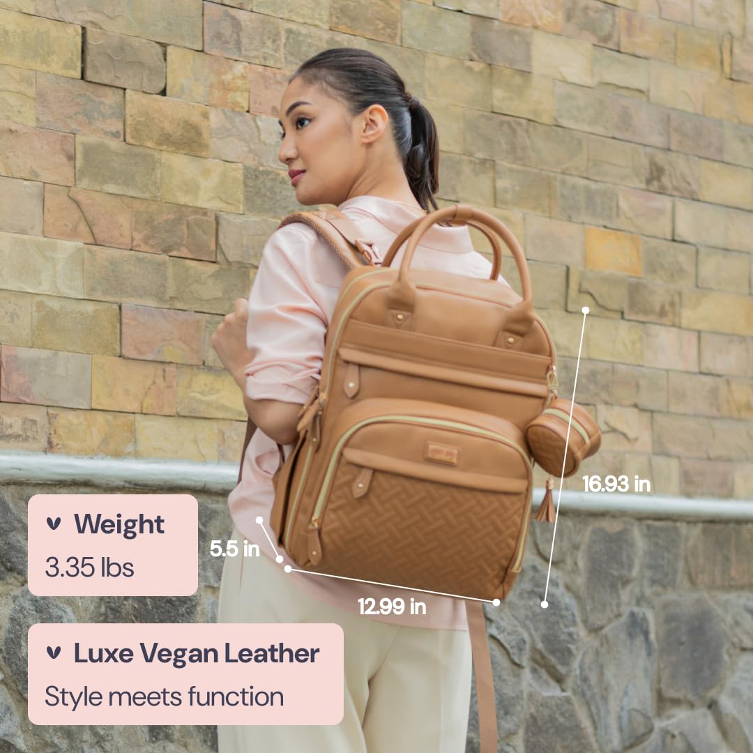 BabbleRoo Leather Diaper Bag Backpack - Baby Essentials Travel Baby Bag, Multi function, Waterproof, with Changing Pad, Stroller Straps & Pacifier Case – Unisex, Light Brown