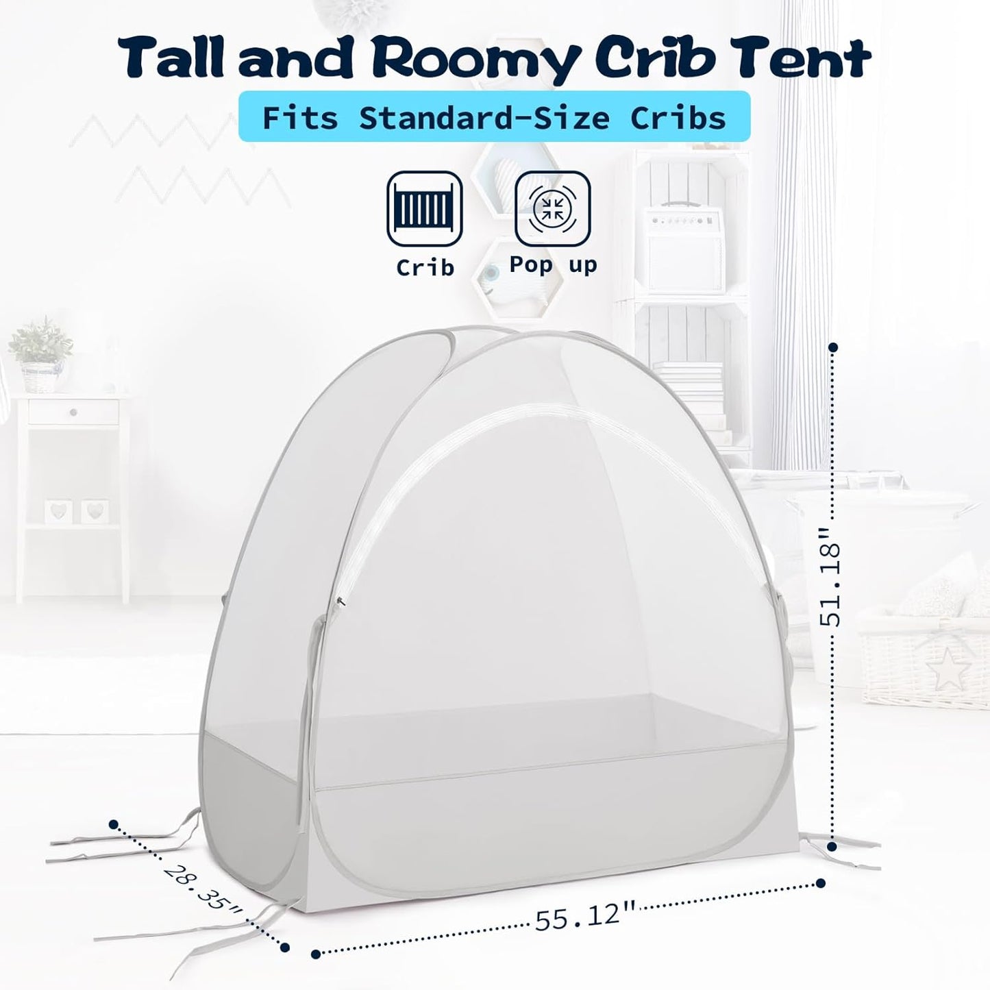 Akiky Large Pop Up Mosquito Net Crib Tent to Keep Baby from Climbing Out Baby Girl Netting Cover Canopy for Naps at Home&Traveling(Gray)