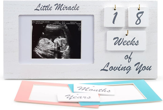 White Ultrasound Sonogram Picture Frame with Milestone Tracker – Elegant Wooden Keepsake for Expecting Parents – Nursery Décor Gift for New Moms – Countdown Tiles Included – 12" x 6" Design