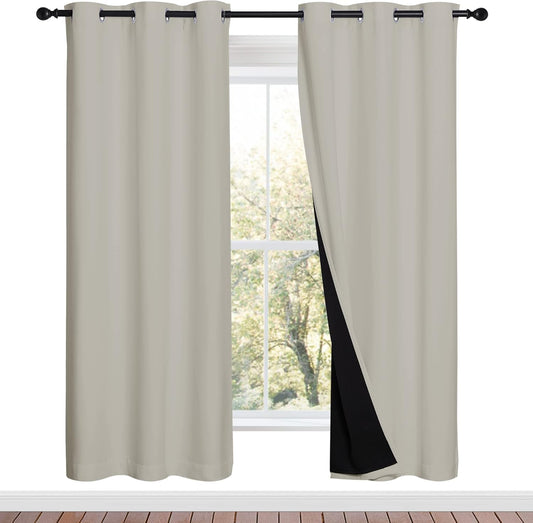 NICETOWN 100% Blackout Window Curtain Panels, Full Light Blocking Drapes with Black Liner for Nursery, 72-inch Drop Thermal Insulated Draperies (Natural, 2 Pieces, 42-inch Wide Per Panel)