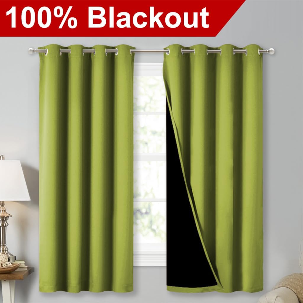 NICETOWN 100% Blackout Curtains 45 inches Long, Fresh Green, 1 Pair, 52 inches Width Each Panel, 2 Thick Layers Completely Blackout Window Treatment Thermal Insulated Lined Drapes for Small Window