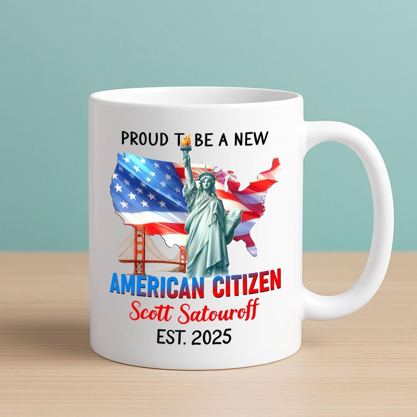 Proud To Be A New American Citizen White Coffee Mug, Personalized Citizenship Celebration Coffee Cup Gift For New Us Citizen, American Citizens Mug 11Oz 15Oz, Customized Year & Name Citizenship Cup