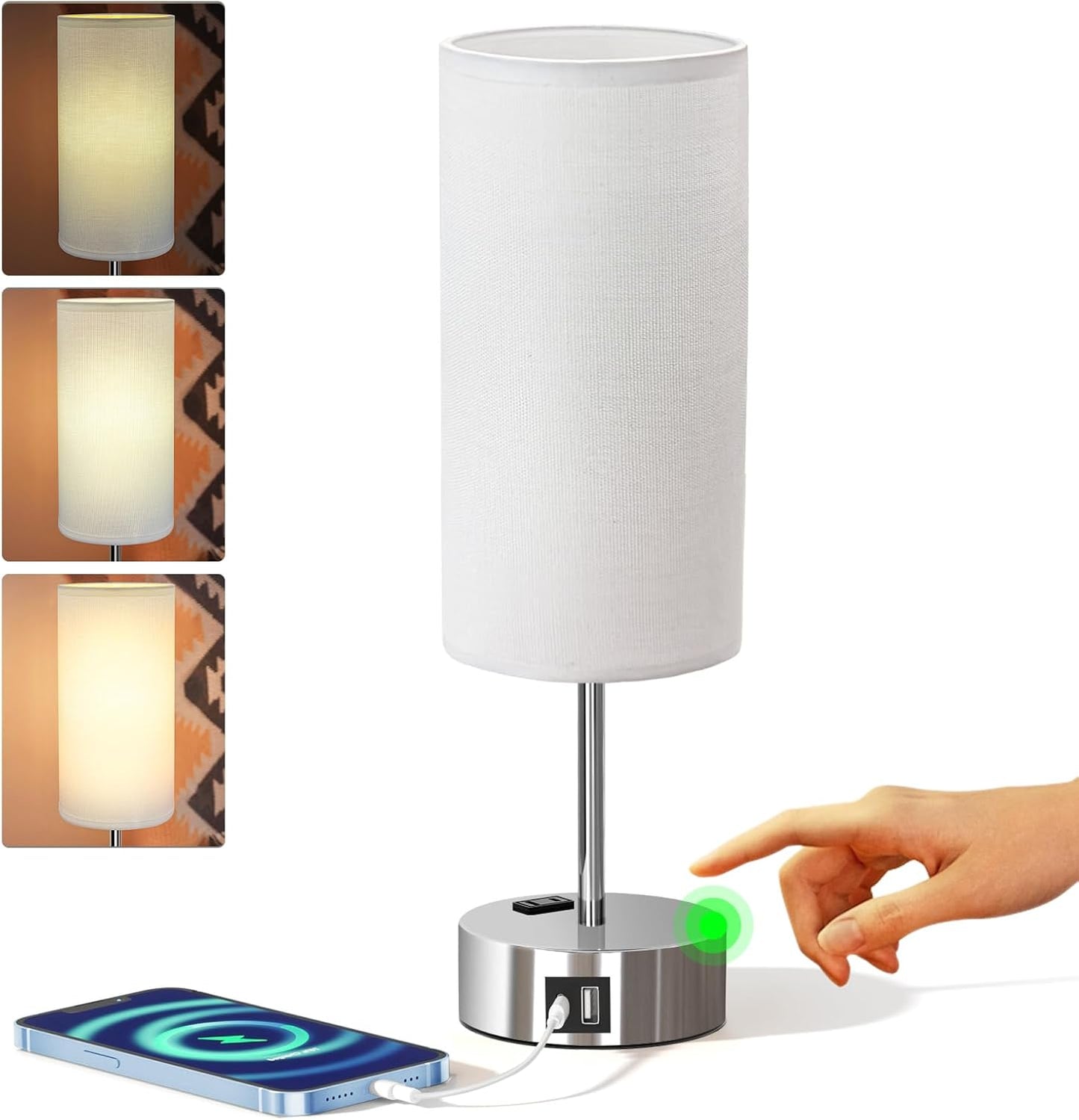 KPQ Small Bedside Lamp Touch Control Table Lamp with USB A+C Charging Ports & AC Outlet 3-Way Dimmable Nightstand Lamp with Linen Fabric Shade for Bedroom Living Room