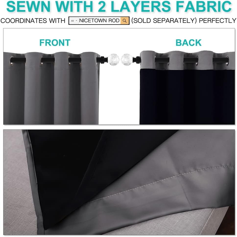 NICETOWN Total Shade Curtains and Draperies, Heavy-Duty Full Light Shading Drapes with Black Liner Backing for Villa/Hall/Dorm Window（Gray, Package of 2, 52 inches Wide x 95 inches Long