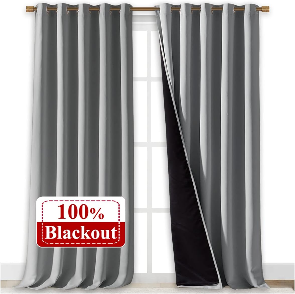 NICETOWN Total Shade Curtains and Draperies, Heavy-Duty Full Light Shading Drapes with Black Liner Backing for Villa/Hall/Dorm Window（Silver Grey, Package of 2 Panels, 70 inches Wide x 95 inches Long