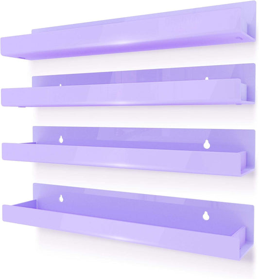 4 Pack 15 Inch Purple Acrylic Shelves, Kids Floating Bookshelf for Kids Room, Modern Nail Polish Rack Sunglasses Essential Oil Picture Ledge Display Toy Storage Wall Shelf